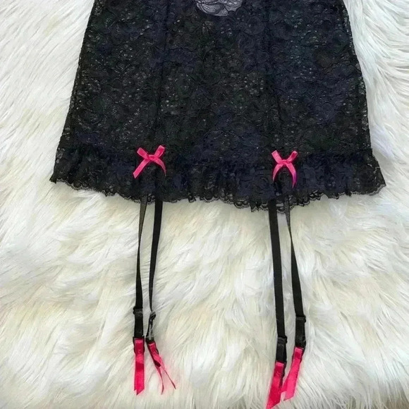 Dreamgirl Lingerie Y2K Black Floral Lace Babydoll Dress Medium Garters Neon Pink - Picture 4 of 8